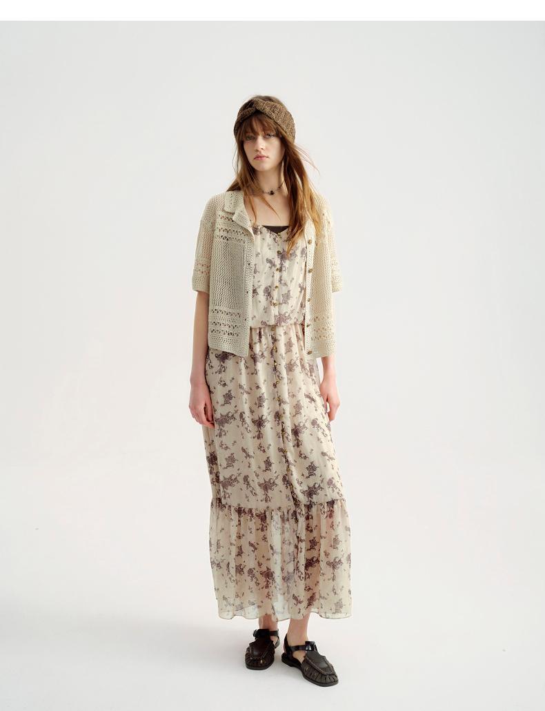 Long Creamie White Maxi Boho Dress with Conceptual Print
