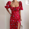 2025 Floral Puff Sleeve Slit Dress Summer Slim  Sexy