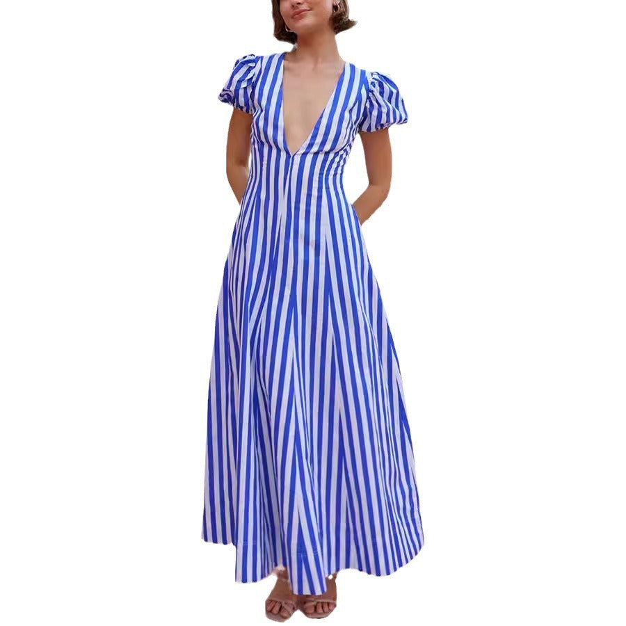 2025 NEW Trendy EuropeanStyle Striped Bubble Sleeve Maxi Dress